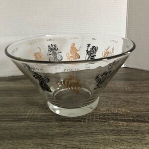 Vtg MCM Zodiac Glass Bowl with Gold and Black Designs